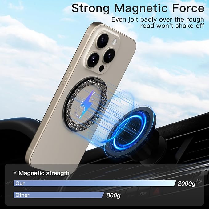 COOLQO Upgraded Magnetic Phone Ring Holder Stand, Super Magnet Cell Phone Grip Finger Kickstand Compatible with MagSafe Mag Safe Accessory for iPhone All Smartphones (1-Glitter Black)