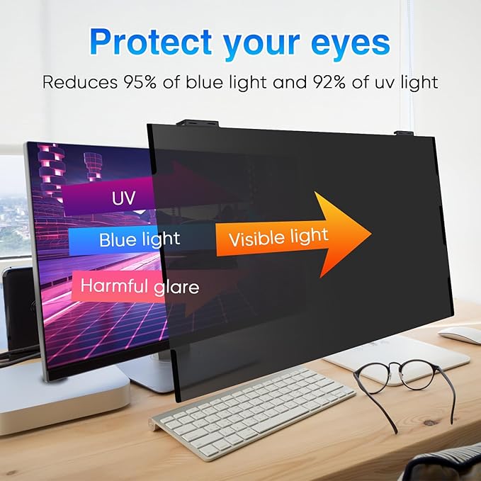 Magnetic 23.8 Inch Computer Screen Privacy Shield, Privacy Screen Filter for Frameless Monitor Widescreen 16:9 Aspect Ratio, Blue Light Protector, Anti-Spy & Anti-Scratch