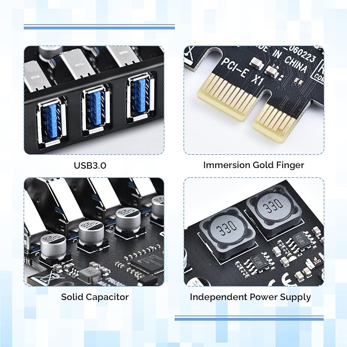 ELUTENG PCIE USB 3.0 Card 7 Ports PCI Expree to USB Expansion Card Super Speed 5Gbps PCI-e USB3 Hub Controller Adapter for Windows 11/10/8/7/XP/Vista