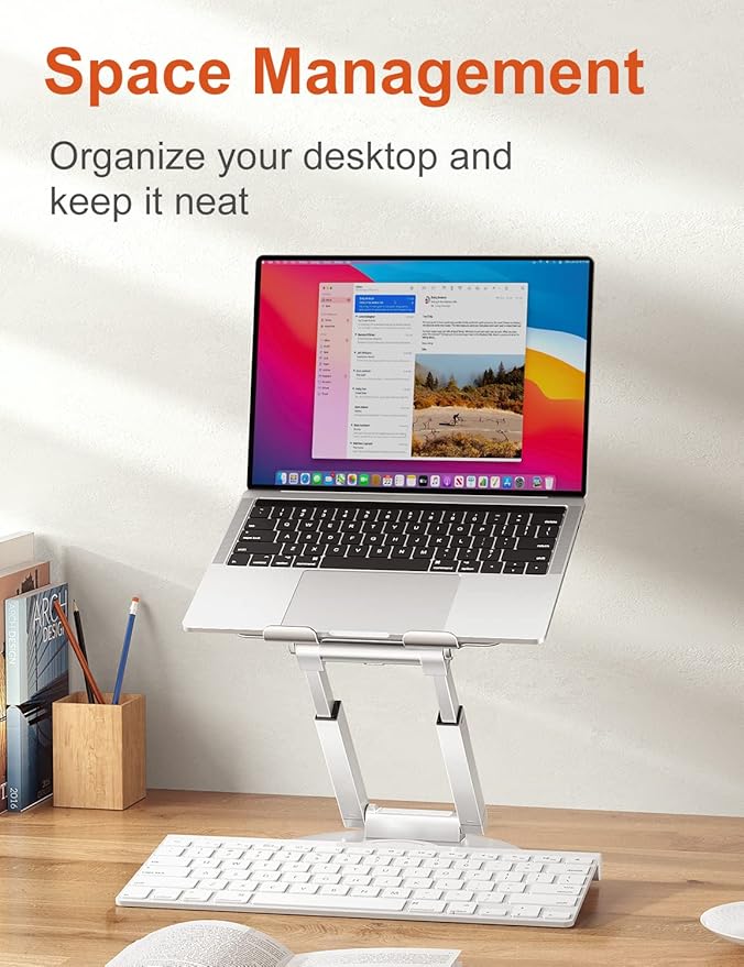 tounee Telescopic Laptop Stand for Desk with 360° Swivel Base, Sit to Stand, Height Adjustable, Portable Riser Holder for Good Posture, Compatible with All Laptops 10-17"-Silver