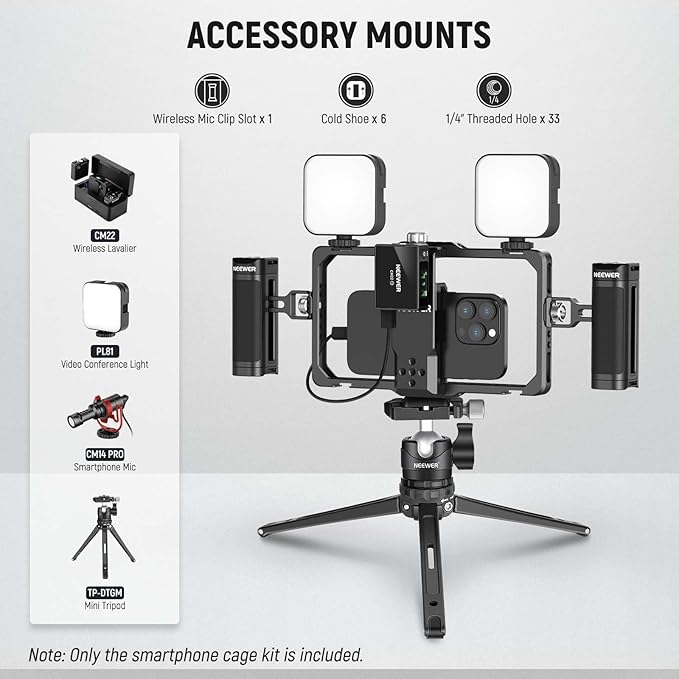 NEEWER Smartphone Video Rig with Neck Strap/Dual Handle/Lavalier Mic Clip Slot Compatible with SmallRig Video Recording Phone Cage Stabilizer for iPhone 16 15 Pro Max Galaxy S23 Pixel 8 Pro, PA009S