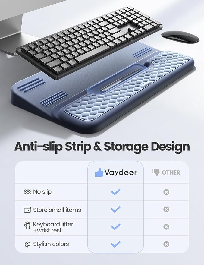 Vaydeer Wrist Rest with Keyboard Stand, Computer Wrist Support Pad, Ergonomic Keyboard Riser Holder Lift Tray with Wrist Pad, Soft Memory Foam Desk Cushion, Palm Hand Typing for Office Home Gift-Blue