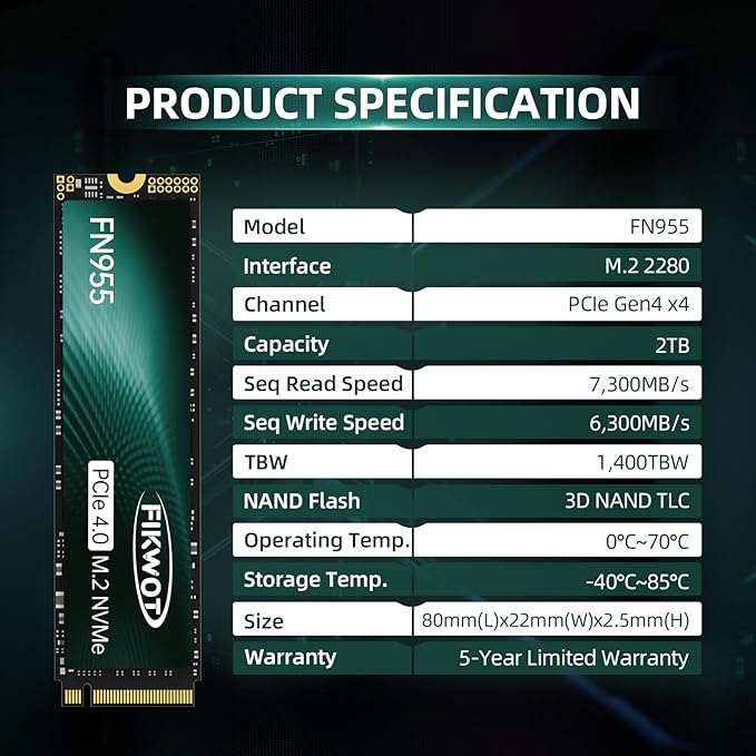 FN955 2TB NVMe SSD M.2 2280 PCIe Gen4x4, Up to 7300MB/s, 3D NAND TLC Flash Internal Solid State Drive, Configure SLC Cache, Storage and Memory Expansion for PS5 Laptop Desktop
