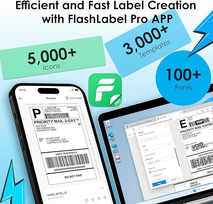 Shipping Thermal Label Printer, 4x6 Portable Label Printer, Bluetooth Label Maker for Small Business, Support iPhone,Android,Windows,Mac,Chromebook,Works with USPS, Ebay,Shopify&More, White