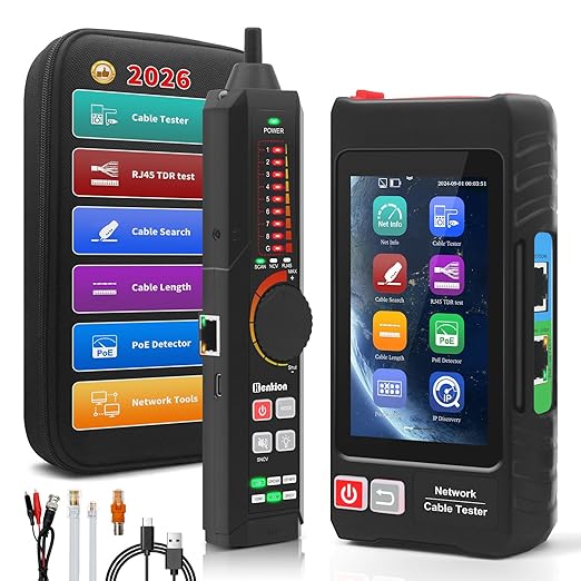 Multifunction RJ45 Network Caber Tester, 4" IPS Touch Screen UTP Cable Tester,Rechargeable Ethernet Cable Tracer,Support Network Tools, POE++ Detect,Cable Length Meter,RJ45 TDR Test, NCV,PD Power,FTP