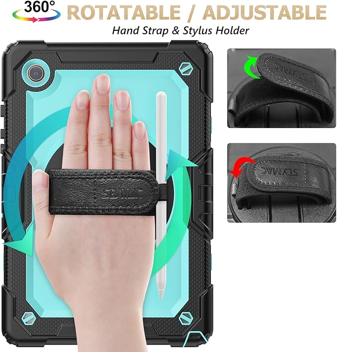SEYMAC stock Case for Samsung Galaxy Tab A9 8.7'', Full-Body Drop Protection Case with Screen Protector Pencil Holder [360° Rotating Hand Strap] &Stand, SkyBlue+Black