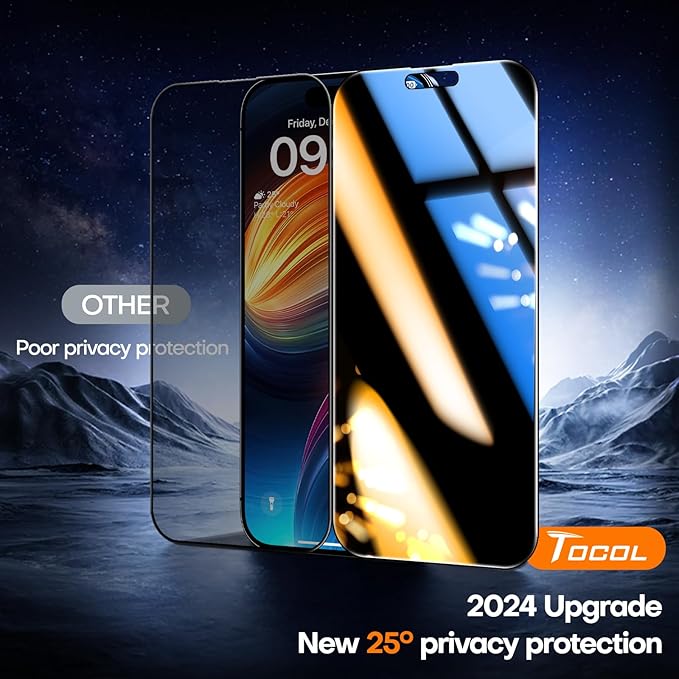 TOCOL for iPhone 15 Privacy Screen Protector 9H+ Hardness Tempered Glass Full Coverage Screen Protector Easy Installation 2 Pack