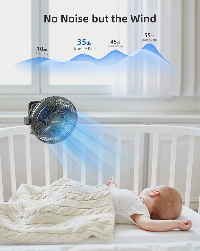 Koonie 10000mAh Rechargeable Portable 8-Inch Clip-on Fan, USB Car Fan 4 Speeds, Sturdy Clamp for Office Desk, Golf Cart, Stroller, Outdoor, Travel, Camping, Tent, Gym, Treadmill