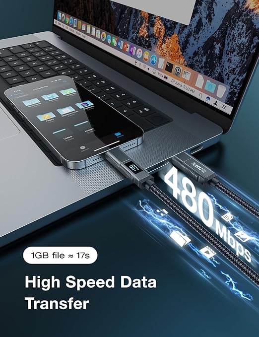 4 in 1 USB C Cable with Wattage Display, 65W Round Nylon Braided Multi Charging Cable with Data Sync, USB C Charging Cord Combo Type C/USB A/iPhone Port for iPhone/iPad/Samsung/Laptop, 5FT