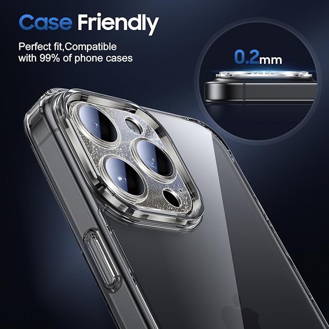 UniqueMe for 3 Pack iPhone 16 Pro/iPhone 16 Pro Max Camera Lens Protector - [Drop Protection] [Case Friendly] 9H Tempered Glass Camera Cover Screen [Update New Version] - Glitter Black