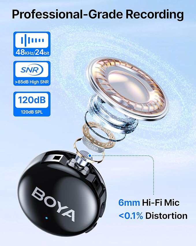 BOYA BOYALINK 3 Wireless Lavalier Microphone for iPhone/Android/Camera/PC/Tablets,AI Noise Cancellation, 48kHz/24Bit Studio Sound,APP Control, 984ft 6h Battery for Vlogging Interview(No Charging Case)