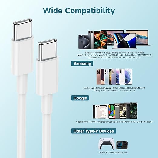 60W USB C to USB C Cable [3Pack] iPhone 16 15 Fast Charging Cable,6ft Long USB-C to USBC Power Cord for iPhone 16/15 Pro Plus Pro Max, MacBook Pro Air/IPad/iPad Pro 12.9/11,AirPods 4(White)