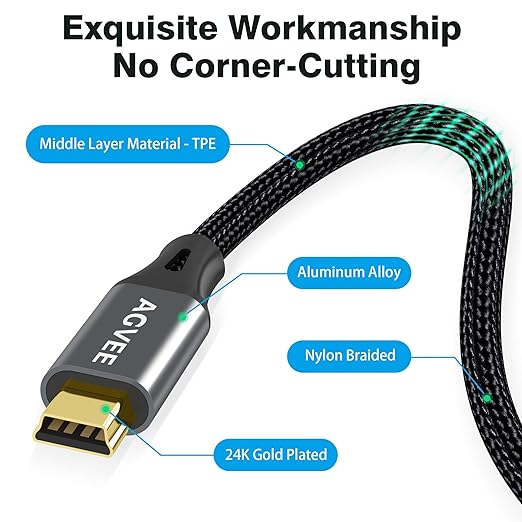 AGVEE 6.6ft Mini USB Cable, Braided Durable USB-A to Mini-B Charger Charging Cord for TI-84, Garmin GPS, Go-Pro Hero 4 3 2 HD, PS3 Controller, Canon Camera, Blue Yeti Microphone, Dark Gray