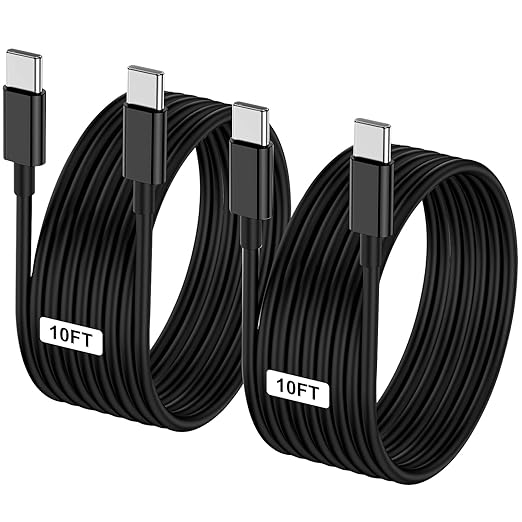 2-Pack Black 10FT 60W USB C to USB C Cable, Type C to Type C Cable,Fast Charging Cable for iPhone 16 15 Pro Plus Pro Max，for Galaxy S24 S23, for iPad Pro/Air, for MacBook Pro/Air and More