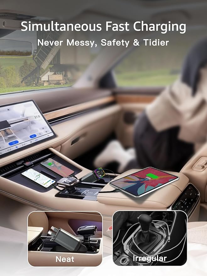 Retractable Car Charger USB C,107W Type C Car Charger Fast Charging with Dual Retractable Cable and USB Ports, Compatible with iPhone 16/15/14/13,S25/24/23/22, Pixel 9/8/7
