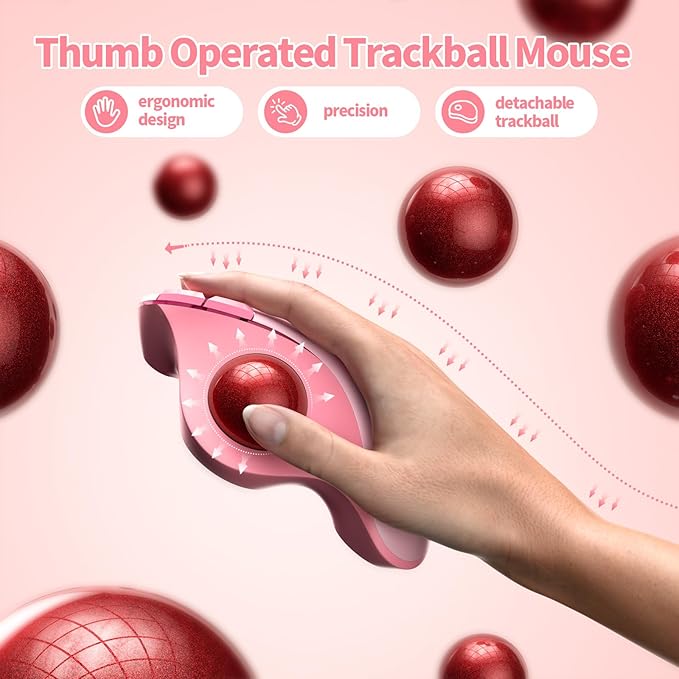 seenda Wireless Trackball Mouse, Bluetooth Ergonomic Rollerball Mouse Rechargeable Multi Devices USB/Bluetooth Connection Thumb Control Mice Compatible for Mac/Android/Windows Computers, Pink