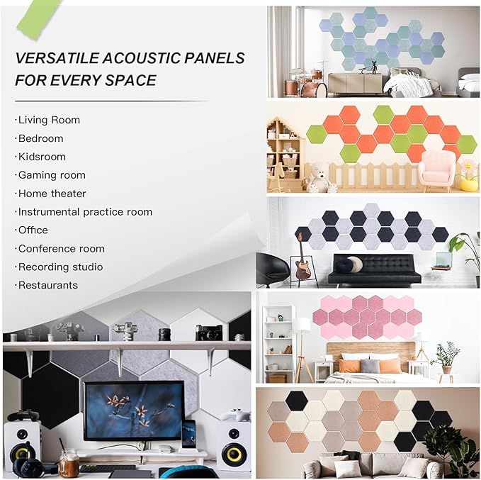 Mollywell Hexagon Acoustic Panels, High Density, Soundproofing, Decorative Noise Reduction Felt Wall Tiles for Studio, Office, Home (Silver Gray, Moon Gray, Black, White), 14x12x0.4 Inch