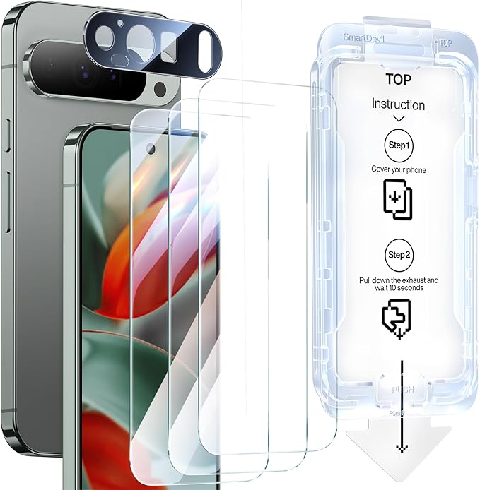 SMARTDEVIL [3+1 Pack Screen Protector For Google Pixel 9 Pro With Camera Lens Protector, Finger Print Reader Compatible, Clear 9H Tempered Glass Film, Fast & Easy Installation, Alignment Frame