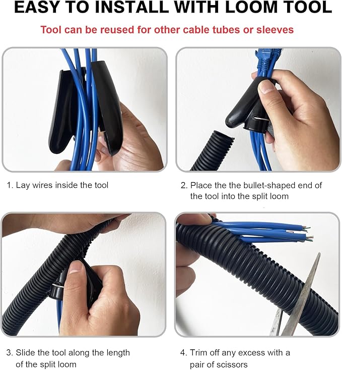 CrocSee 10ft - 3/4 inch Flame Retardant Split Wire Loom Tubing with Installation Tool - Flexible Wire Covers Cord Protectors - Black