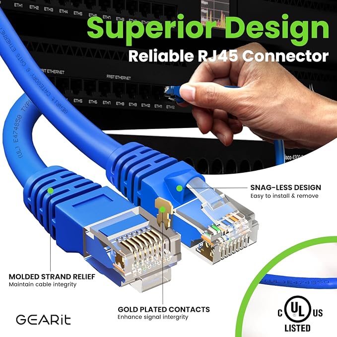 GearIT Cat 6 Ethernet Cable (10-Pack 4 Feet) Cat6 Network Patch, 10Gbps, RJ45, Snagless Cord, Gold-Plated Connectors, Internet for PC, TV, Tablet, Router, Printer, Servers, IT Data Center - Blue