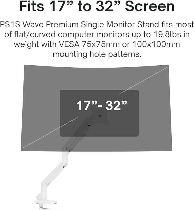 Pixio PS1S Wave White Single Monitor Arm Stand Desk Mount - Fits up to 32 inches Monitors and up to 19.8lbs. VESA Compatibility and Integrated Cable Management