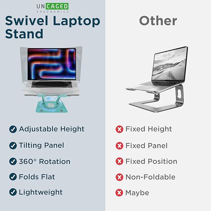 Uncaged Ergonomics Swivel Laptop Stand for Desk, Adjustable Computer iPad Stand for Desk w/ 360 Rotation, Portable Laptop Holder for Home Office Ergonomic Supplies (Ocean Blue)