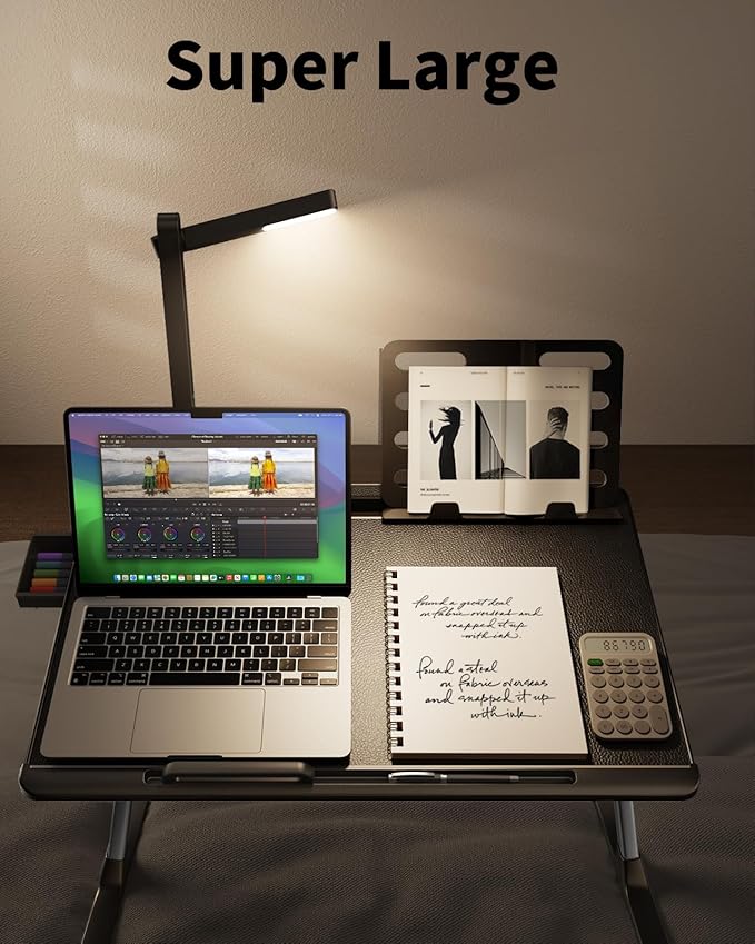 Laptop Bed Tray Desk with LED Desk Light, SAIJI Adjustable Laptop Stand for Bed, XX-Large PVC Leather Foldable Table with Book Stand,Wrist Rest, Extra Leg Room(Black)