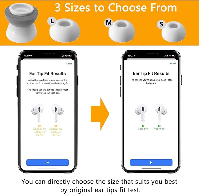 Airpod Pro Ear Tip Memory Foam & Silicone Hybrid Ear Tips, Perfect Noise Reduction, Stays in Your Ears, Ultra-Comfort, Anti-Slip Eartips, Fit in The Charging Case (Grey, Large)