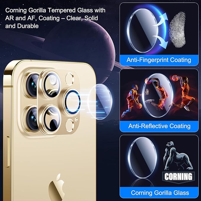 Esanik 2023 Upgrade 2 Pack for iPhone 14 Pro/iPhone 14 Pro Max Camera Lens Protector, Aluminum Alloy Metal matte Case Tempered Glass Camera Screen Cover, Scratch Resistant Case Friendly (Gold)