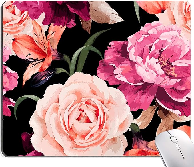 Watercolor Rose Flower Mouse Pad, Floral Mouse Pad Custom Design, Square Waterproof Mouse Pad Non-Slip Rubber Base MousePads for Office Laptop, 9.5x7.9x0.12 Inch