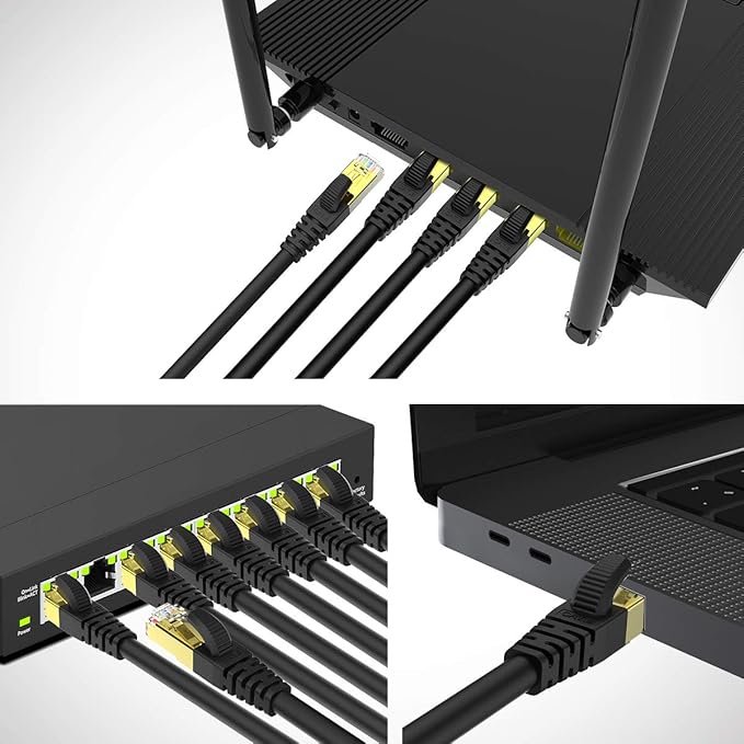 KASIMO CAT 8 Ethernet Cable 1 Feet, 10 Pack Black Shielded SFTP Internet Network Patch Cord, Heavy Duty High Speed LAN Cables w Gold Plated RJ45 Connector Professional for Router, Modem, Gaming