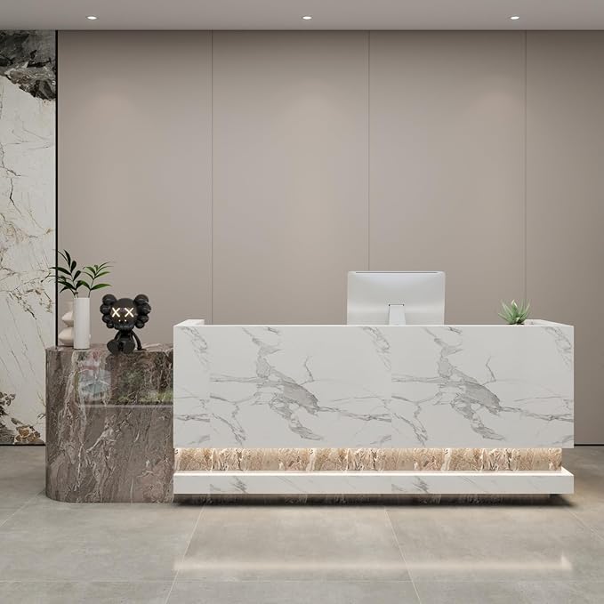 Front Desk Reception Counter - Lockable Storage & Keyboard Tray | Reception Desk with Counter, Customizable Large Counter Table (Grey+White, 120'')