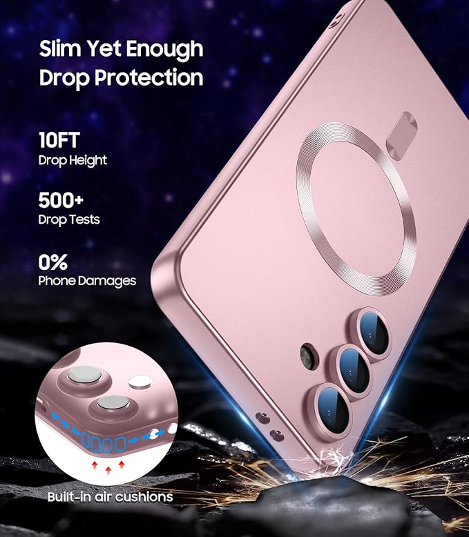 Magnetic for Samsung Galaxy S25 Plus Case [Compatible with MagSafe][Built-in Camera Lens Protector] Slim Soft Silicone Bumper Shockproof Metallic Luster Phone Shell (Rose Gold)
