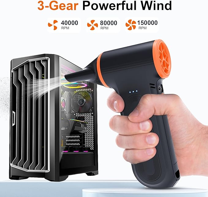 X117 Compressed Air Duster-150000RPM Super Power Electric Air Duster, 3-Gear Adjustable Mini Blower with Fast Charging, Dust Blower for Computer, Keyboard, House, Outdoor and Car