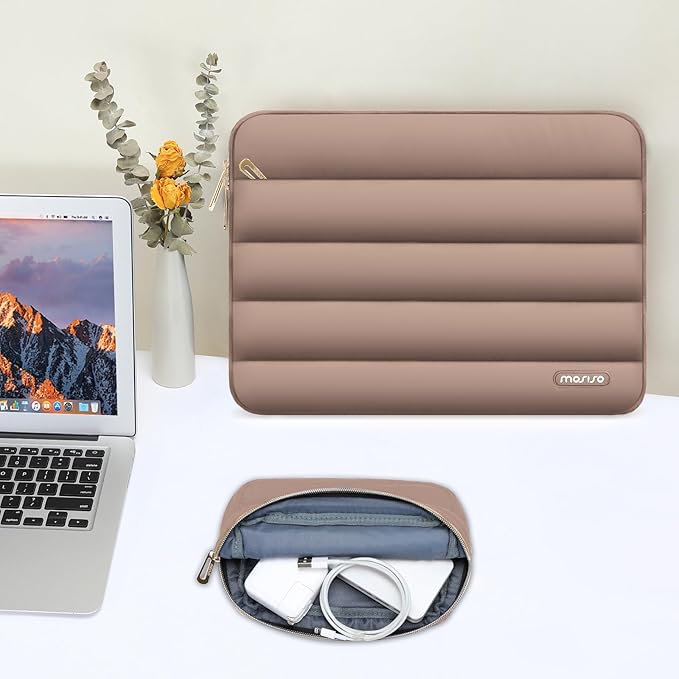MOSISO 17-17.3 inch Laptop Case, 17.3 inch Puffy Laptop Sleeve Compatible with Dell XPS/HP Pavilion/Ideapad/Acer/Alienware/HP Omen Notebook Computer, Polyester Horizontal Bag with Small Case, Brown