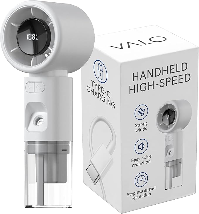 Valo Portable Rechargeable Fan - Mini Cooling Fan for Travel, USB Desk Personal Fan with 4 Speeds, 50ml Tank for Water Cooling Technology, Quiet Operation, 2,000 mAh Battery - Arctic White