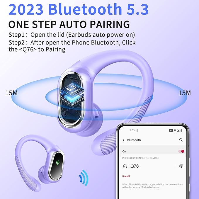 Wireless Earbuds, 2025 Bluetooth 5.4 Headphones Sport, Bluetooth Earbuds with ENC Noise Canceling Mic, 50H Stereo Wireless Headphones IP7 Waterproof with Earhooks, Dual LED Display for Workout/Running
