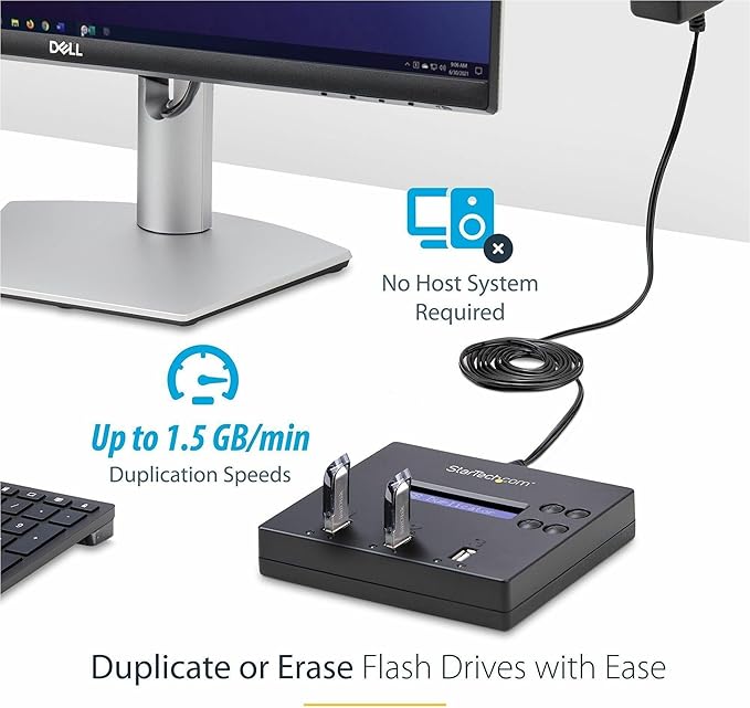 StarTech.com Standalone 1 to 2 USB Flash Drive Duplicator / Cloner / Eraser, Multiple USB Thumb Drive Copier / Sanitizer, System File / Sector-by-Sector Copy, 1.5 GB/min, 3-Pass Erase, LCD, TAA