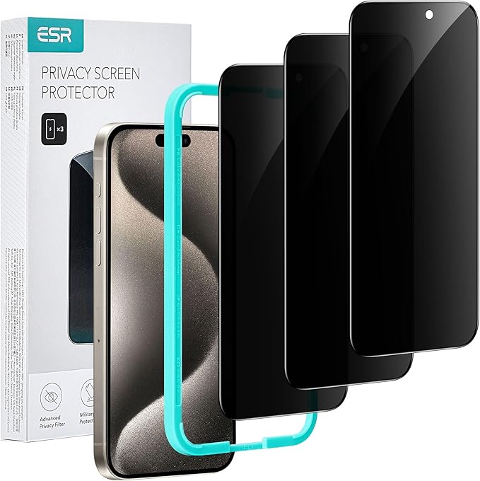ESR 3 Pack for iPhone 15 Pro Privacy Screen Protector, Anti-spy Tempered-Glass Privacy Screen Protector, Micro-curved Edges, Case Friendly