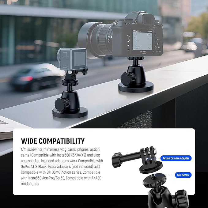 NEEWER Basics Magnetic Camera Mount for Action Camera Compatible with GoPro Insta360 DJI AKASO Accessories, Strong Magnet 360° Ball Head Mount for Car Video Recording Live Streaming, GP-101