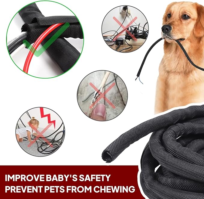 Black Braided Cable Management Sleeves Wire Loom Tubing Cord Protector Self-Wrapping (1/4"-18Feet)
