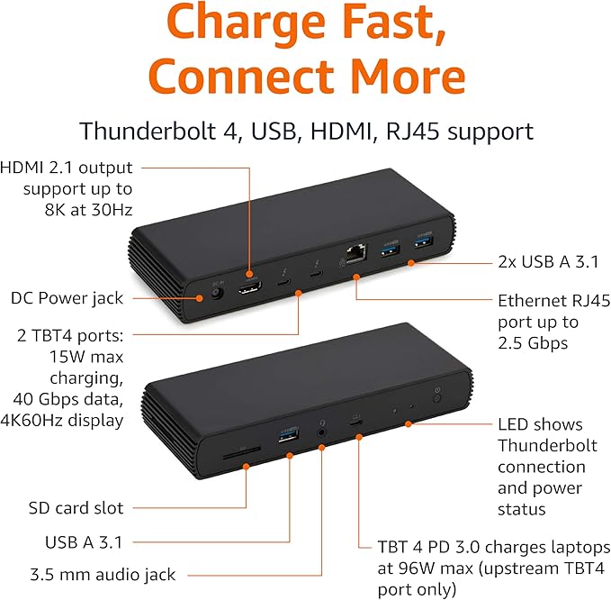Amazon Basics Thunderbolt4/USB4 Pro Docking Station,2xTBT4,1xHDMI2.1,3xUSB A 3.1,RJ45,Dual Display, Black, 7.86 x 2.95 x 1.23 inches