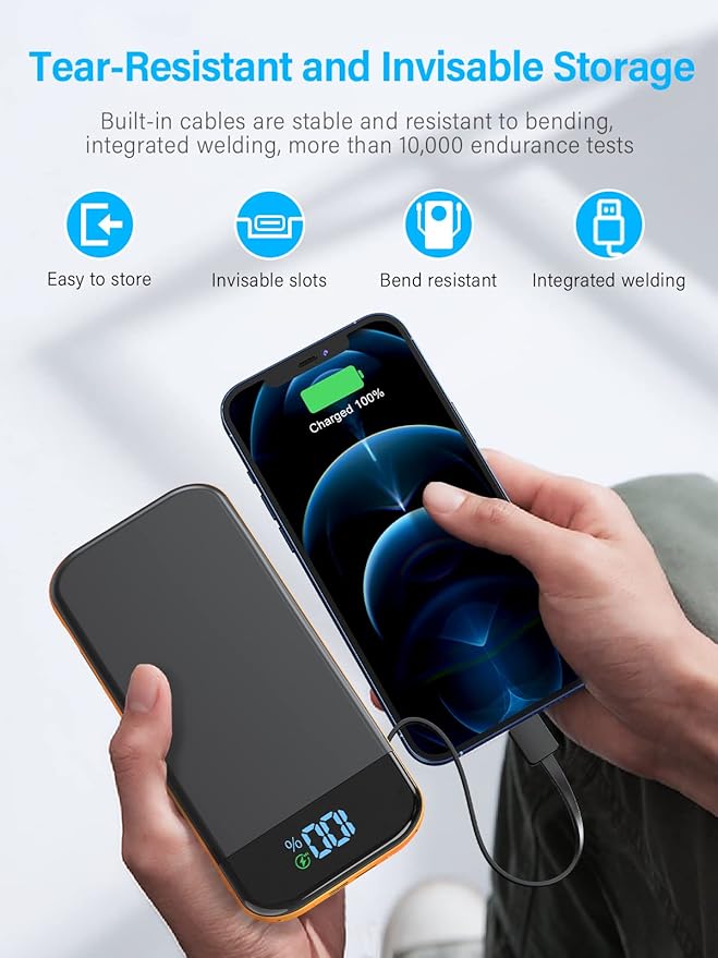 Portable Charger 32000mAh, 22.5W QC 3.0 PD 20W Smart LED Display Fast Charging Built in Cables Power Bank, External Battery Pack Charge 5 Devices Compatible with Cellphones (Orange)