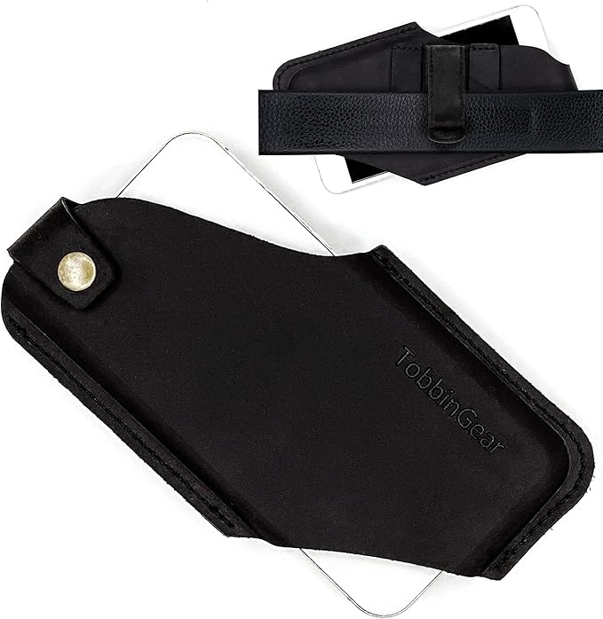 TobbinGear Left-Handed Leather Cell Phone Holster with Belt Clip, Universal Phone Holster for Men Belt Holder, Leather Case for iPhone, Samsung Galaxy Phones, Black Color
