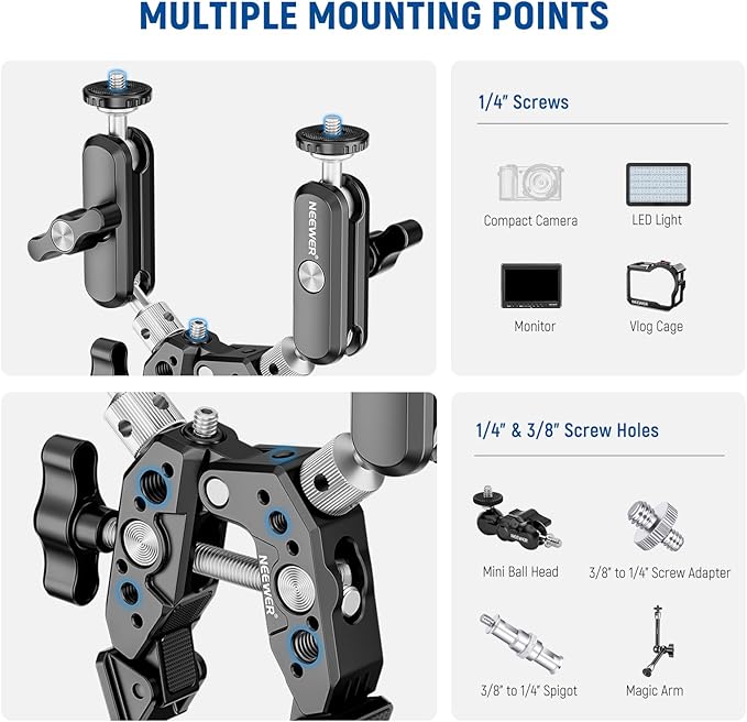 NEEWER Heavy Duty Super Clamp with Two 360° Dual Ball Head Magic Arms, 1/4" 3/8" Screw Threads, Phone & Action Camera Mount Adapter for Flat/Round Surface Compatible with GoPro DJI Insta360 DSLR