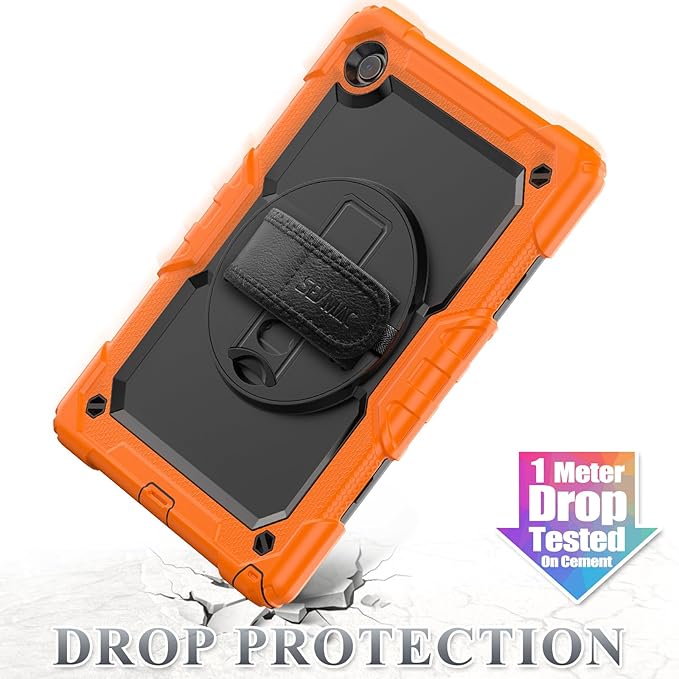SEYMAC stock Case for Samsung Galaxy Tab A9+ Plus 11'', Full-Body Drop Protection Case with Screen Protector Pencil Holder [360° Rotating Hand Strap] &Stand, Orange+Black