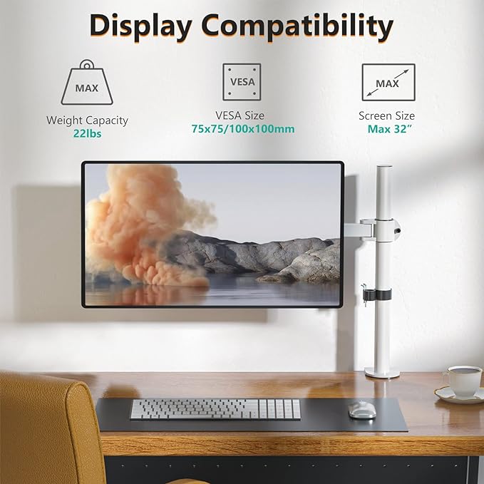 WALI Monitor Arm Mount for Desk, Single Computer Desk Mount, Monitor Bracket Mount Stand Single, up to 32 inch, 22 lbs (M001-W), White