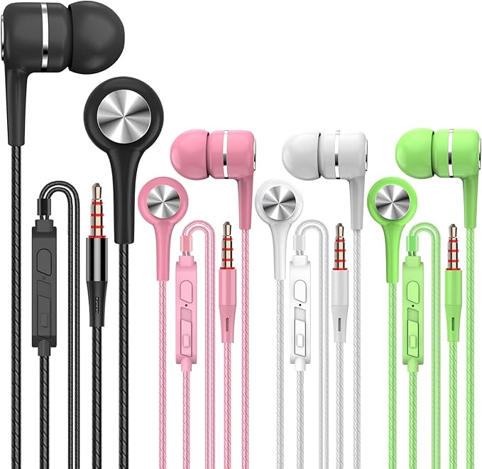 YNR 4 Pairs Wired Earbuds with Microphone & Volume Control, in Ear Earphones for School, Noise Islating High Definition, for 3.5mm Jack iPhone iPad iPod Samsung Google Devices (A12-4)