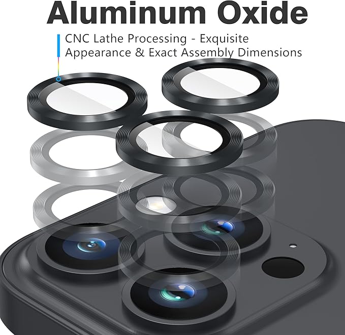 AGVEE 3+3 Camera Lens Protector for iPhone 15 Pro 6.1" / 15 Pro Max 6.7", Brushed Metal Ring 9H Tempered HD Glass Camera Protector Cover Film, Black