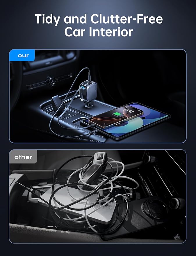 Retractable Car Charger, Car Accessories, 72W Fast Charging USB C Car Charger with 4FT Retractable Cables and 2 Ports, for iPhone 16 15 14 13 12, Samsung etc Warm Grey